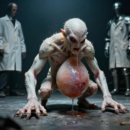 a wet skin creature under stage light, crawling humanoid monsters, saliva, membrane pregnancy sac, respiratory flap, super realism, claws, octane rendering, cinematic. white, grey blue and golden red color scheme. medium shot, 2 4 mm, lens dust, old photo, labcoats, knight equipment, david fincher, james wan, gritty, moody, eerie, dark arts