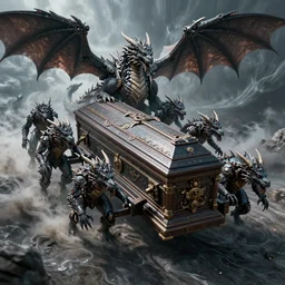 a beautiful octane render of nine dragon pulling a huge coffin, epic, 8 k hd, detail structure, dragon form, fine texture, 3 d texture, circling storm, light effect, unreal engine, trending on cgsociety, cool mecha style, trending on artstation, ultra wide angle,, 3 d render, ray tracing, mechanics, hyper detailed, denoise, deblurring, realistic physical rendering, close shot
