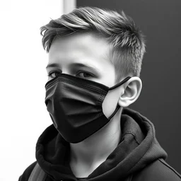 black and white image of a teen boy wearing face mask