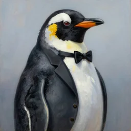 a penguin wearing a tuxedo, oil painting