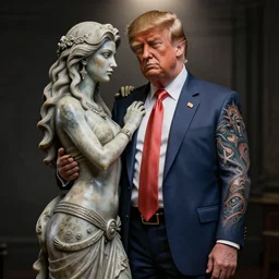 man with trump tattoo mystical statue woman, highly detailed, 8 k, masterpiece, super resolution.