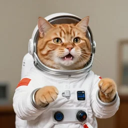 1 9 8 0's color photo of hissing fully ginger cat in spacesuit giving public speech