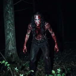 bloody wendigo in forest at night, night vision, shot from done, grainy