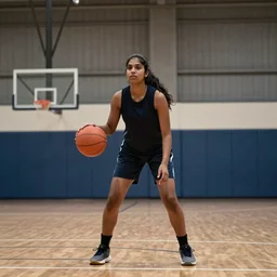 A tall young Indian woman basketball player, playing on an inside basketball court