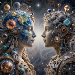 a portrait of mother earth! and a portrait of human technology!, character portrait made of fractals facing each other, ultra realistic, wide angle, intricate details, the fifth element artifacts, highly detailed by peter mohrbacher, hajime sorayama, wayne barlowe, boris vallejo, aaron horkey, gaston bussiere, craig mullins