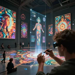 cinematic shot epic halls of creativity, walls of large moving images, hyper realistic, mood lighting, fantasy, detailed people creating beautiful diverse large holographic art, highly detailed, super realistic, point of view of visor wearer, hands painting in the air!, perfect lighting pixel sorting