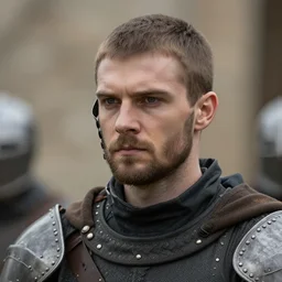 cinematic close up a medieval commander in his 2 0 s with medium brown hair leading the charge into battle by greg rutkowski, 4 k, masterpiece, sun rays