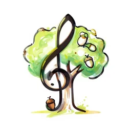 abstract single line drawing of an acorn growing into a tree in shape of treble clef, splash of color, isometric