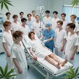 24 handsome hipster skinny young men at the hospital in patient gowns, white skin tone, glasses, brown hair, scrubs, syringes, Intravenous Cannulation Periprocedural Care, marijuana greenery, trending on cgsociety and unreal engine, light effect, highly detailed, super wide angle, digital art