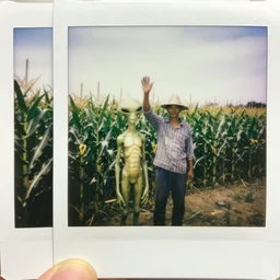 a skinny alien with a big head standing next to a farmer waving on a farm next to a corn field polaroid picture