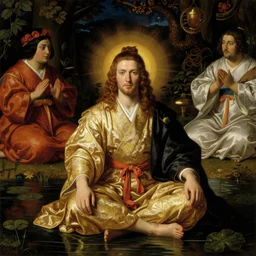 man sitting in a pond, ceremonial, night, by ambrosius benson, by fernando botero, realistic, renaissance, epic composition, japanese ceremony, lush and warm, by giuseppe arcimboldo