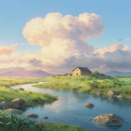 a serene landscape with a singular building near a river with rocks at sunrise, ghibli studio, anime style, pixar style, concept art, octane render, trending on deviantart, highly detailed, high quality, soft lighting, path traced, beautiful landscape, cartoon, high coherence, cloud in the sky, digital painting, masterpiece, digital art, breathtaking landscape, soft colors, beautiful
