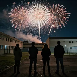 four people watching fireworks go off in the night sky behind a prison