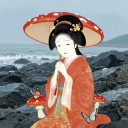 « mushroom geisha and her butterflies on a rainy rocky beach »