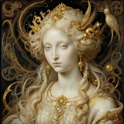 a beautiful girl made of ivory and gold, highly intricate, digital art, very detailed, in the style of a weird and dark eerie liminal art noveau flemish painting