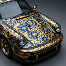 black blue yellow porsche 9 1 1, complicated gold and blue flowers the baroque style decoration, dark fantasy, intricate, elegant, highly detailed, digital painting, artstation, concept art, matte, 3 d 8 k octane rendered, sharp focus, illustration, octane rendered, art by artgerm