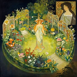 an illustration of a beautiful garden, isometric view, painted by alphonse mucha and hieronymus bosch and hasui kawase, dramatic lighting, vivid colours.