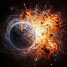 two celestial bodies colliding and exploding