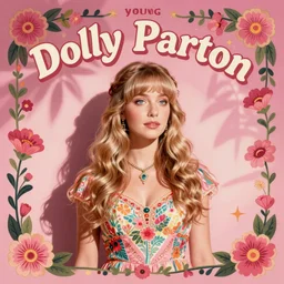 young Dolly Parton, retro graphic design, hippie, floral, bright, pink tones