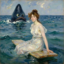 vintage beautiful painting of a woman on a plank sitting in the middle of an ocean trying to protect herself from the sea pear monster in Mary Cassatt style