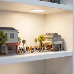 photo still of shelf with a miniature street with a crowd!, lateral view, 8 k, studio lighting bright ambient lighting key light, 8 5 mm f 1. 8