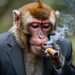 a high detail closeup shot of a depressed monkey wearing a suit and smoking a cigar