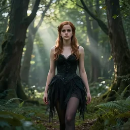 Emma Watson cosplaying a dark fairy inside a forest full of trees, godrays shining through leaves, trending on artstation, matte painting, 4k