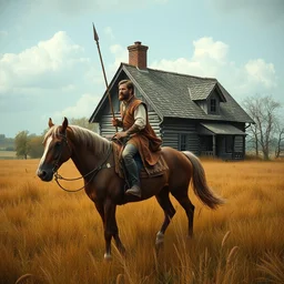 america of the eighteenth century, a house, a field, a man with a spear rides a horse