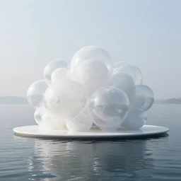 white bubble cluster building, on the calm water, designed by joseph platform