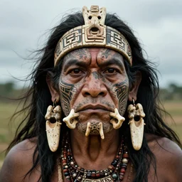 extremely detailed award winning national geographic face portrait photography uncut centered and realistic from ancient mayan elder shaman warrior with terrifying face tattoos and heavy bone piercings . 64megapixel. 4k 8k. Photorealistic artwork. Influenced by the movie apocalypto. Landscape background what is slightly blurry and windy.