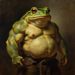 subject:  oversized muscular frog berserker medium shot portrait, style:  very heavy textured rembrandt oil painting with dramatic light
