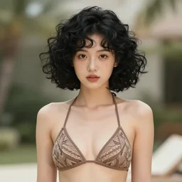 beautiful cottagecore of a girl with short black curly hair, round face, cute face, wearing a bikini. intricate, elegant. highly detailed, smooth, sharp, focus, illustration. Photo by Brian Ingram