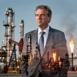 Double exposure print of a tycoon blending into an oil refinery lit by gas flares, trending on artstation