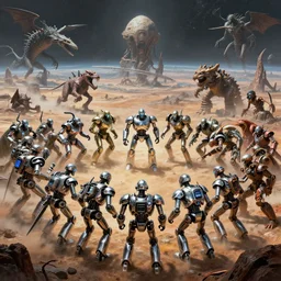epic army of chrome robots battle creatures on alien planet, landscape, alex ross, neal adams, david finch, war, concept art, matte painting, highly detailed, rule of thirds, dynamic lighting, cinematic, detailed, denoised, centerd