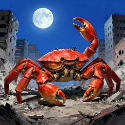 a giant mechanical crab in the middle of a war - torn and crumbling city, blue moon shining in sky, engraving, artstation, concept art, smooth, sharp focus, vivid grunge, manga, illustration, unreal engine 5, 8 k, art by bilibin and kuvshinov and malevich and mucha, traditional japanese colors, superior quality, masterpiece
