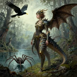 steampunk heaven, a woman with a dragon like body, by anne stokes and kaja foglio, a black bird with a yellow beak, by esao andrews, a giant spider crawling through a forest next to a lake, by michael komarck and john howe, lovecraftian, fantasy art, artstation hd, d & d, detailed painting, i dream of the machine