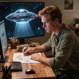 fox mulder sitting at a desk drawing a ufo, digital art, trending on artstation