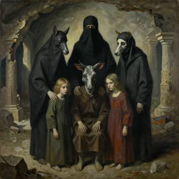 painting of a creepy family dressed with burka intercrossed humans animal head in a ruined temple cave. by zdzislaw beksinski