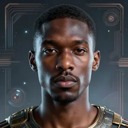 retrofuturistic portrait of a black man, space graphics art in background, close up, wlop, dan mumford, artgerm, liam brazier, peter mohrbacher, 8 k, raw, featured in artstation, octane render, cinematic, elegant, intricate, 8 k