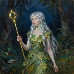 fey queen of the summer forest, dress of leaves, fine features, holding a golden scepter, thin, young, silver shimmering hair, by brian froud, dusk scene, night colors, oil on canvas, oil panting