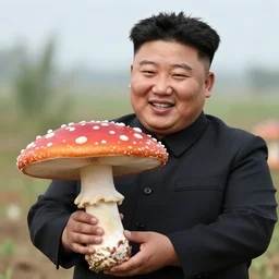 kim jong un happily holding a giant amanita muscaria mushroom that will feed his nation, bbc reporting, an agricultural breakthrough endorsed by the great leader