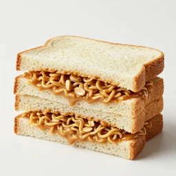 peanut butter toast sandwich with indomie mi goreng noodles in between, multi stack sandwich, photo realistic, gourmet