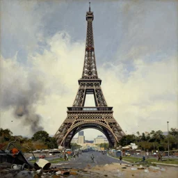eiffel tower in post apocalyptic paris , painting by frazetta