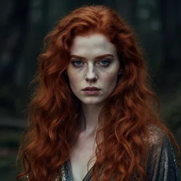 portrait of gorgeous redhead girl of the feywilds, beautiful face, strong line, muted colors, shimmering clothing, moody lighting, high contrast, by brom, by john anster fitzgerald