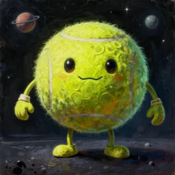cinematic portrait of a tennis ball monster in the abyss of space, oil on canvas, masterpiece, trending on artstation, featured on pixiv, cinematic composition, dramatic pose, beautiful lighting, sharp details, hyper-detailed, HD, HDR, 4K, 8K, art by Tim Hildebrandt and Wayne Barlowe and Bruce Pennington and ruan jia and larry elmore