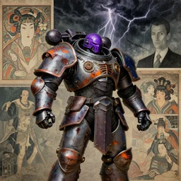 composition of gothic and futuristic, warhammer, cyber japan armor, more and more scars, thunderstorm, purple head, some orange and blue, the middle ages, highly detailed, artstation, in the style of moebius, jugendstil and classic japanese print, art by richard pearce, michael wadleigh, compositon by rene magritte