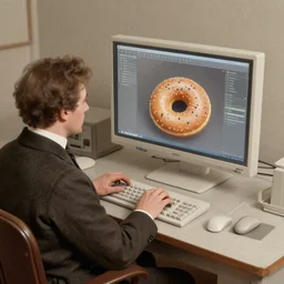 an early 1800s photo of someone sitting at a computer making a donut in blender
