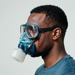 a portrait of a dark man :: side profile :: oxygen mask ::  blood  and ocean intricate details :: glasses :: 8k :: by vikings and Sandra Chevrier