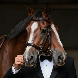 highly detailed hyper realistic portrait of a horse wearing a tuxedo, drinking coffee. 8 k, intricate details, photographic, night light, cinematic, masterpiece, artstation, concept, realistic
