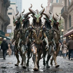 a masterpiece! full body photographic portrait of an alien beast!! with seven heads!! and ten horns!! walking on water on a city street heroic, glorious, in the style of artgerm, gerald brom, atey ghailan and mike mignola, vibrant colors and hard shadows and strong rim light, plain background, comic cover art, trending on artstation